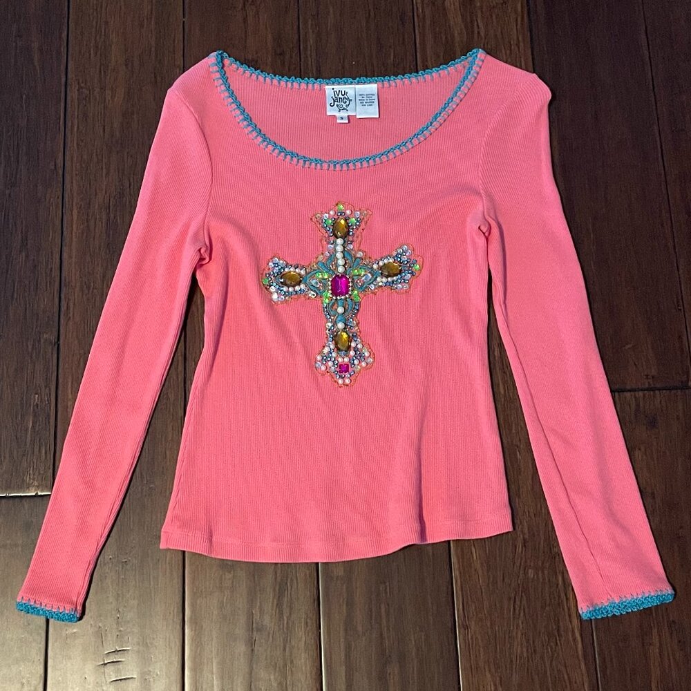 Ivy Jane ribbed long sleeve shirt with beaded cross embellishment